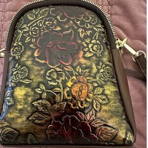 QXDS Embossed purse, chocolate brown with floral print